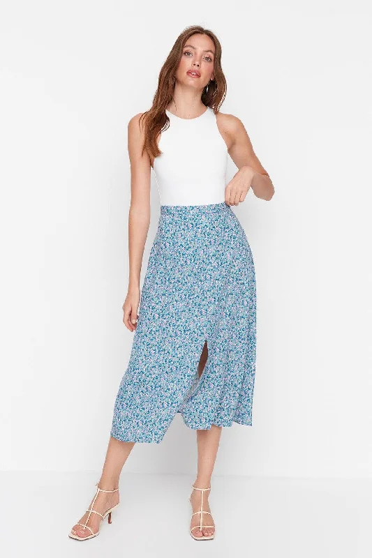 Blue Midi Woven Slit Detailed Viscose Fabric Floral Patterned Skirt TWOSS20ET0230 low waist skirt