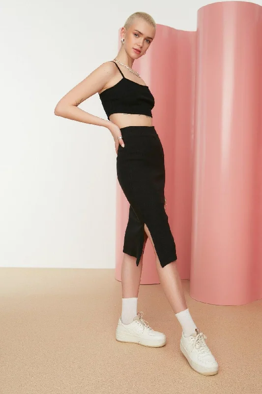 Black Slit Detailed Fitted High Waist Ribbed Stretch Midi Knitted Skirt TWOSS22ET0250 velvet skirt plush