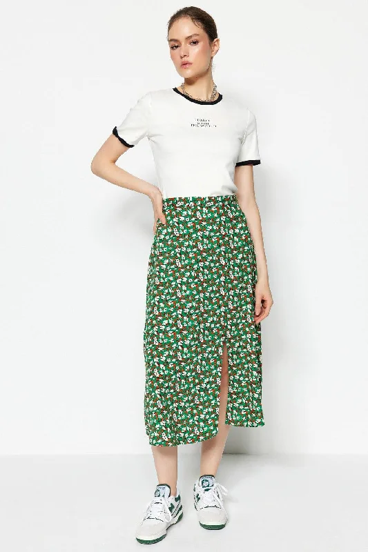 Dark Emerald Green Woven Slit Detailed Viscose Fabric Floral Patterned Skirt TWOSS20ET0230 cotton skirt soft