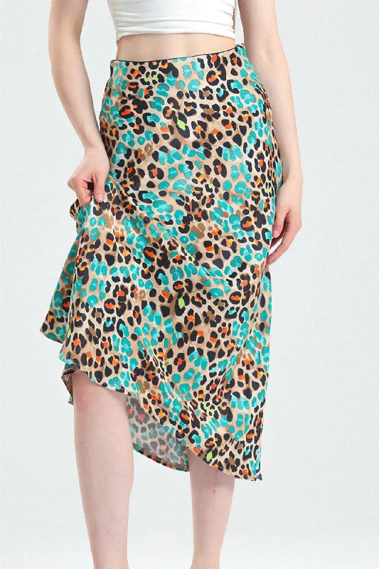 Patterned Viscose Midi Length Satin Skirt - Turquoise denim skirt casual