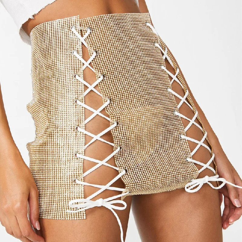 Sparkly Sequin Cutout Crisscross Self Tie Mini Skirt - Gold asymmetrical skirt cut