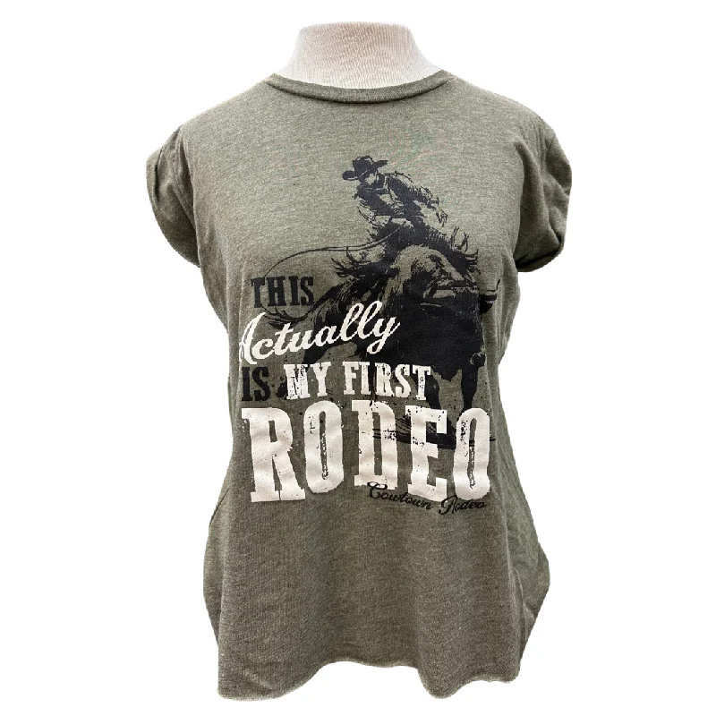 Women's This Actually Is My First Rodeo Tank Top in Heathered Olive grey tank top