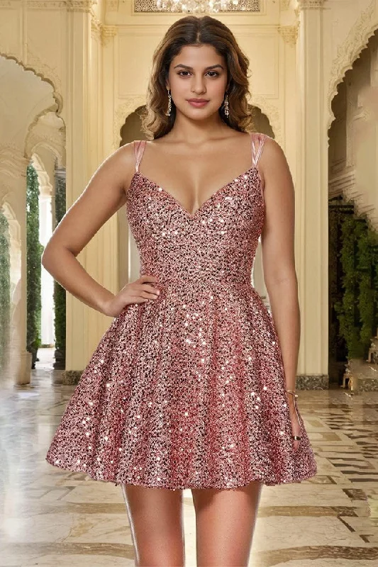 V-neck Sequin Straps A Line Homecoming Dresses Tunics Modern contemporary