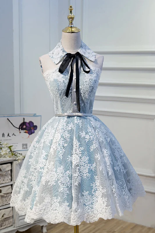 Cute Light Sky Blue Halter Homecoming Dresses with Lace Appliques Tunics Favorite customer