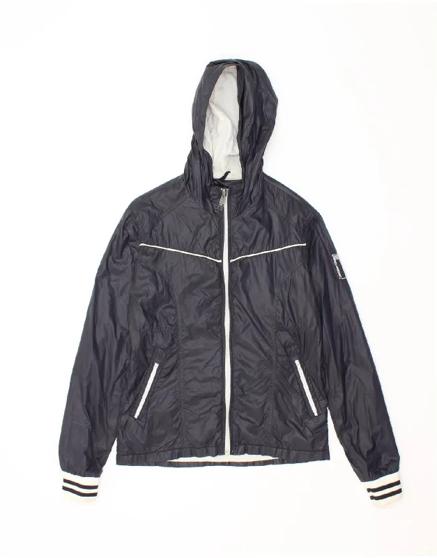 BOMBOOGIE Womens Hooded Rain Jacket UK 10 Small Navy Blue Nylon Tailored Jacket Straight Jacket A-Line Jacket BOMBOOGIE Womens Hooded Rain Jacket UK 10 Small Navy Blue Nylon Tailored Jacket Straight Jacket A-Line Jacket
