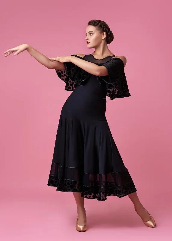 Grand Prix Black Ballroom Practice Skirt with Layers of Chiffon and Velvet Polka Dots for Girls and Women PRA 1040 in Stock leather skirt durable