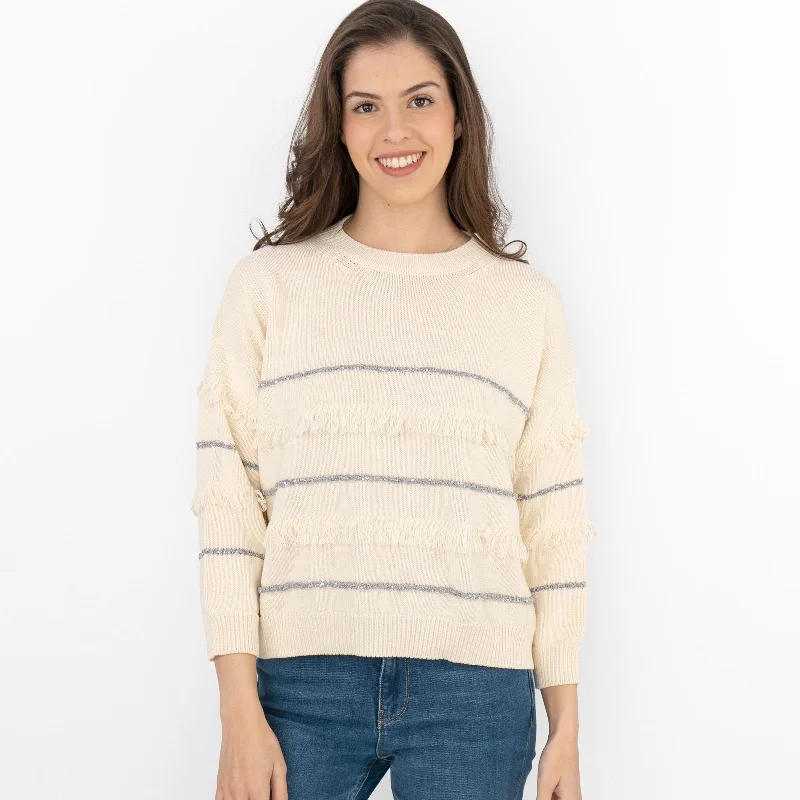 Max Mara Weekend Elfo Sweater White Cotton Blend Round Neck Long Sleeve Jumpers with Fringe Details Boat Neck Shawl Collar Notched Collar