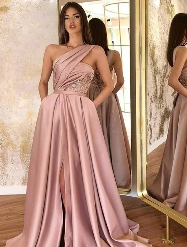 A-Line Evening Gown Celebrity Style Dress Formal Wedding Guest Floor Length Sleeveless One Shoulder Satin with Ruched Slit Tunics Seasonal trendy A-Line Evening Gown Celebrity Style Dress Formal Wedding Guest Floor Length Sleeveless One Shoulder Satin with Ruched Slit Tunics Seasonal trendy