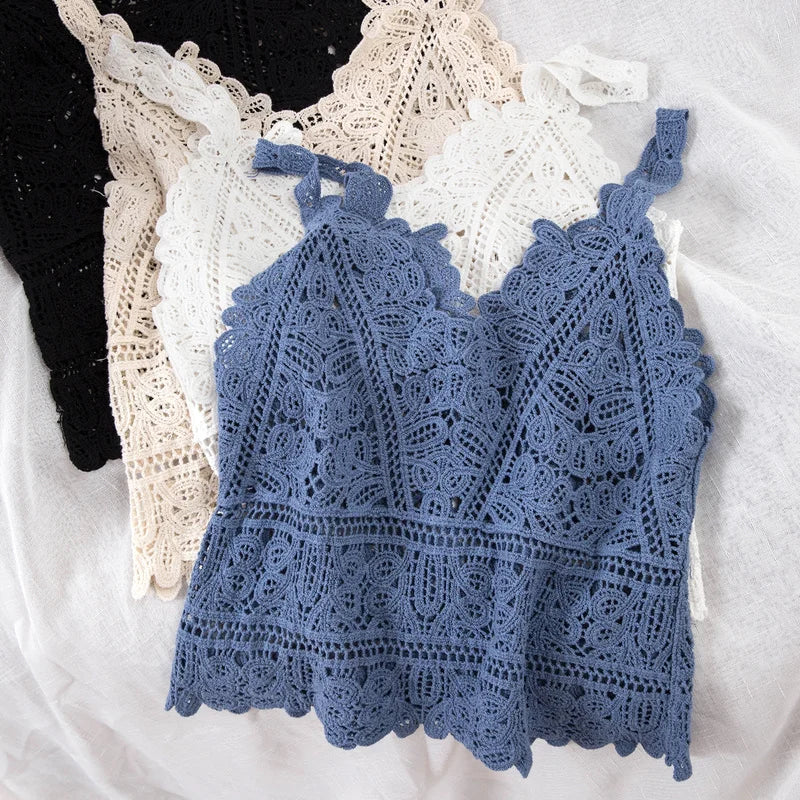 Summer Sweet Short Style Lace Vest crop top Women Hollow Out Fashion Camis Vacation Beach Knitted LooseTop Womens Sexy Tank Tops summer tank top