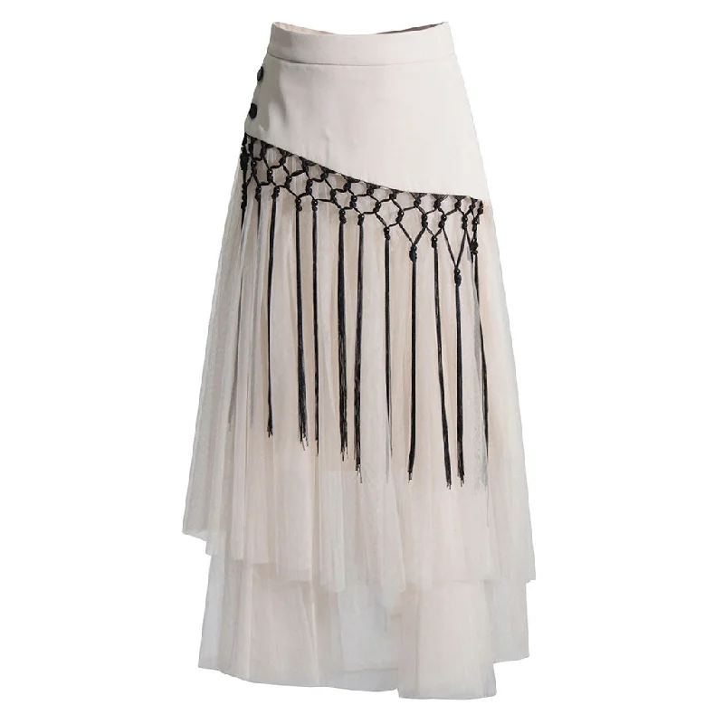 Deconstructed Macrame Fringe Detail High Waist Tiered Tulle Midi Skirt chiffon skirt delicate