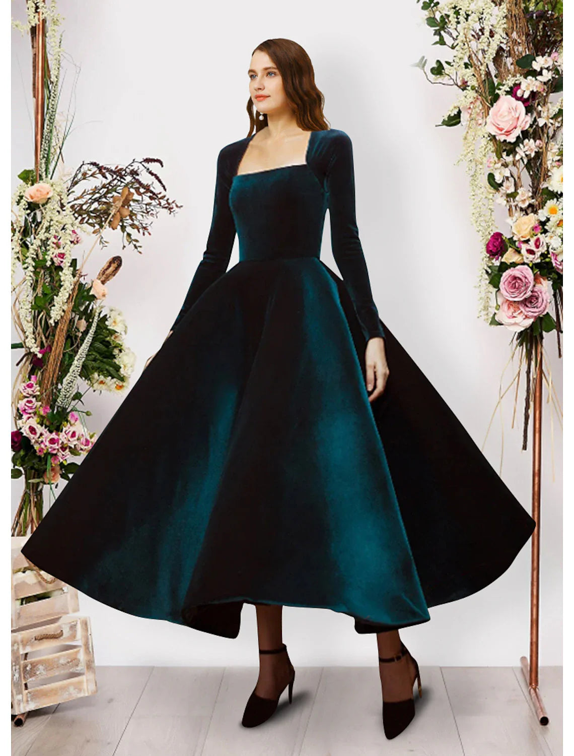 Ball Gown Evening Gown Vintage Dress Prom Formal Evening Ankle Length Long Sleeve Square Neck Velvet with Pure Color Tunics Yoga stretchy Ball Gown Evening Gown Vintage Dress Prom Formal Evening Ankle Length Long Sleeve Square Neck Velvet with Pure Color Tunics Yoga stretchy