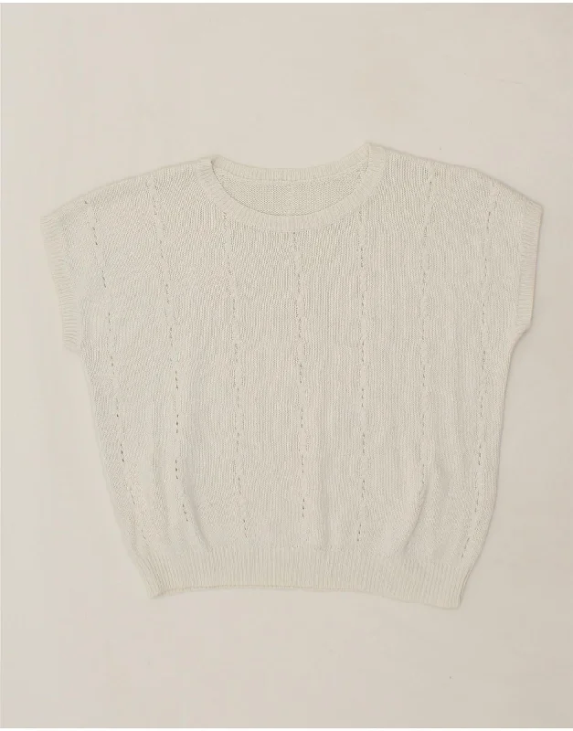 VINTAGE Womens Short Sleeve Crew Neck Jumper Sweater UK 16 Large White Satin Blend Silk Blend Wool Blend VINTAGE Womens Short Sleeve Crew Neck Jumper Sweater UK 16 Large White Satin Blend Silk Blend Wool Blend