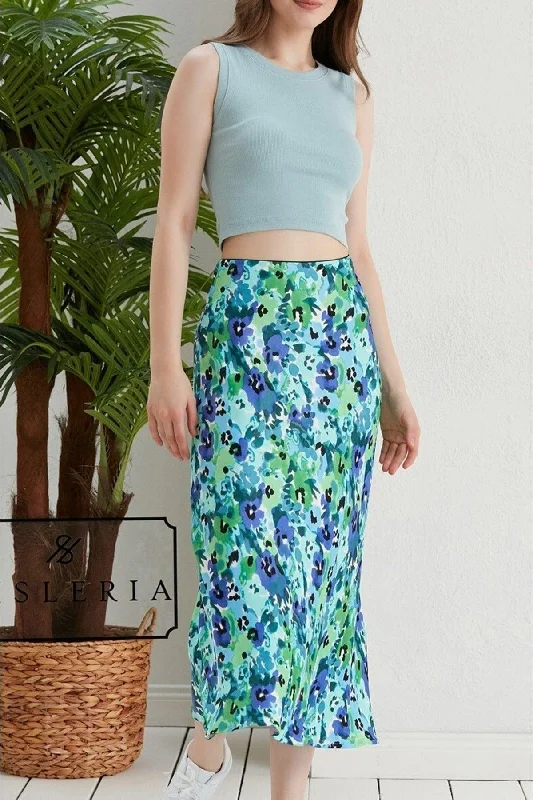 Floral Pattern Viscose Satin Midi Length Skirt -blue Flower silk skirt lustrous