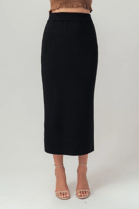 Kira Ribbed Knit Side Slit Midi Skirt wrap skirt elegant