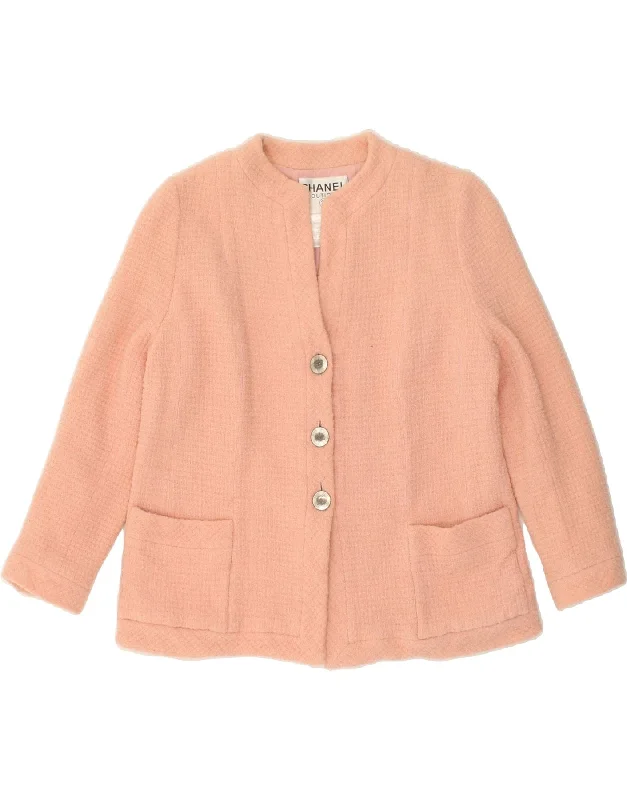 CHANEL Womens 3/4 Sleeve 3 Button Blazer Jacket UK 12 Medium Pink Wool Denim Jacket Leather Jacket Suede Jacket