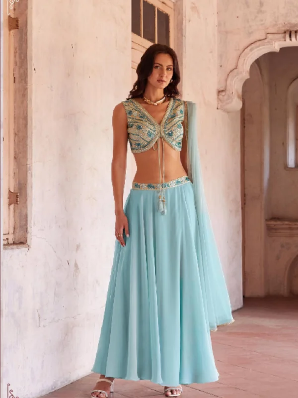 Sky blue Embellished Crop Top And Palazzo Set With Jacket - Rent Cotton Fabric Linen Fabric Terry Fabric Sky blue Embellished Crop Top And Palazzo Set With Jacket - Rent Cotton Fabric Linen Fabric Terry Fabric