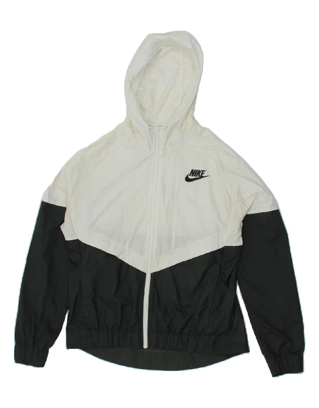 NIKE Womens Hooded Rain Jacket UK 16 Large White Colourblock Polyester Lace Jacket Ribbed Jacket Sequined Jacket