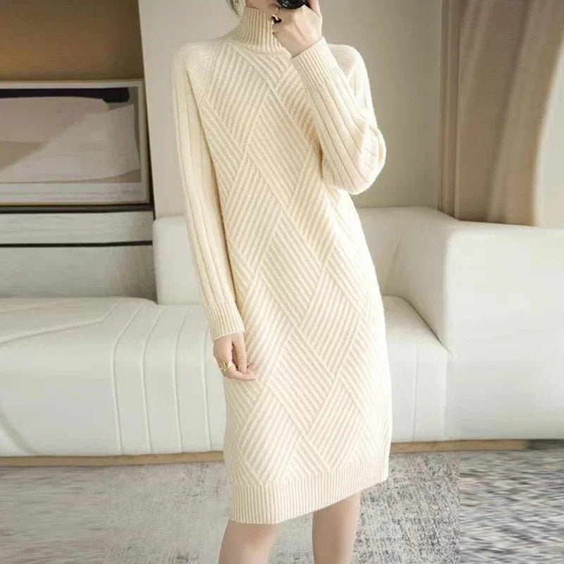 Abrini Autumn Winter Women Wool sweater Dress Mock Neck Ribbed Solid Knit Dresses Elegant Lady Party Bottoming Cashmere Vestidos Houndstooth Herringbone Solid Abrini Autumn Winter Women Wool sweater Dress Mock Neck Ribbed Solid Knit Dresses Elegant Lady Party Bottoming Cashmere Vestidos Houndstooth Herringbone Solid