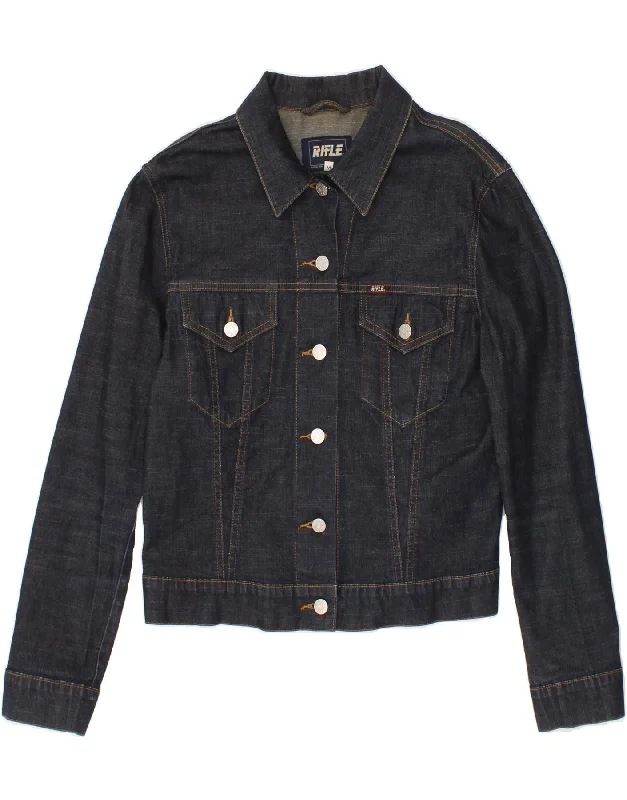 RIFLE Womens Denim Jacket UK 14 Medium Navy Blue Cotton Boat Neck Shawl Collar Notched Collar RIFLE Womens Denim Jacket UK 14 Medium Navy Blue Cotton Boat Neck Shawl Collar Notched Collar