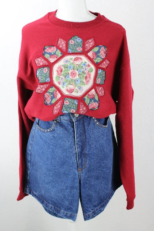 Vintage Red Roses Sweatshirt (L) Hoodie Sweatshirt Pullover