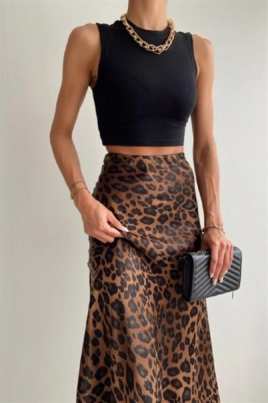 Summer Leopard Pattern Satin Midi Length Brown Skirt lace skirt romantic