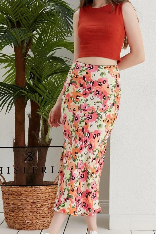 Floral Pattern Viscose Satin Midi Length Skirt -pink Flower cashmere skirt soft