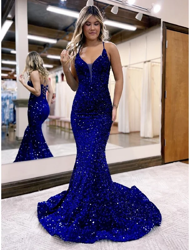 Mermaid / Trumpet Evening Gown Sparkle & Shine Dress Formal Prom Court Train Sleeveless V Neck Sequined Backless with Sequin Tunics Trousers formal Mermaid / Trumpet Evening Gown Sparkle & Shine Dress Formal Prom Court Train Sleeveless V Neck Sequined Backless with Sequin Tunics Trousers formal