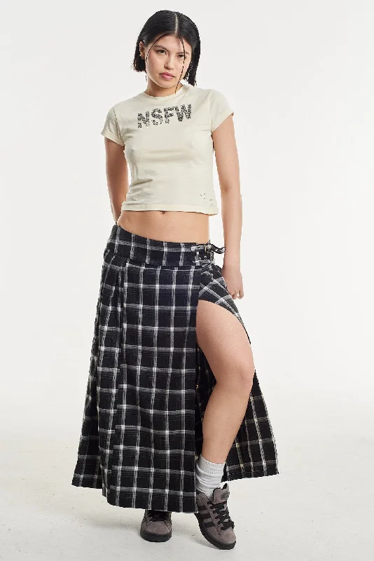 Queenie Grunge Check Maxi Skirt linen skirt natural