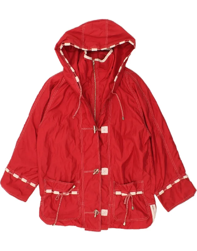 VINTAGE Womens Hooded Duffle Jacket UK 14 Large Red Polyester Trench Coat Raincoat Waterproof Jacket