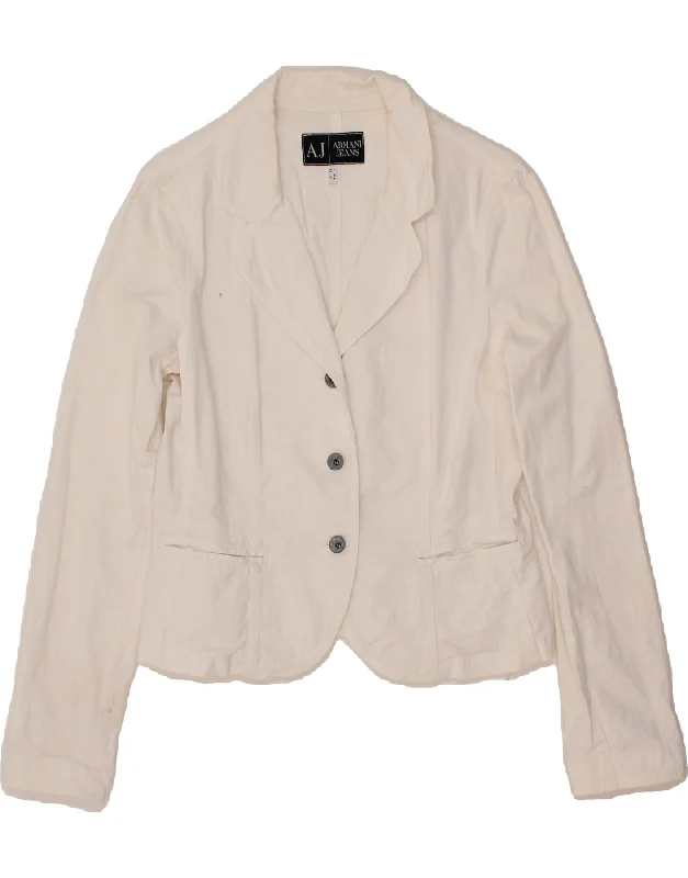 ARMANI JEANS Womens Crop 3 Button Blazer Jacket UK 16 Large White Cotton Nylon Fabric Polyester Fabric Spandex Fabric