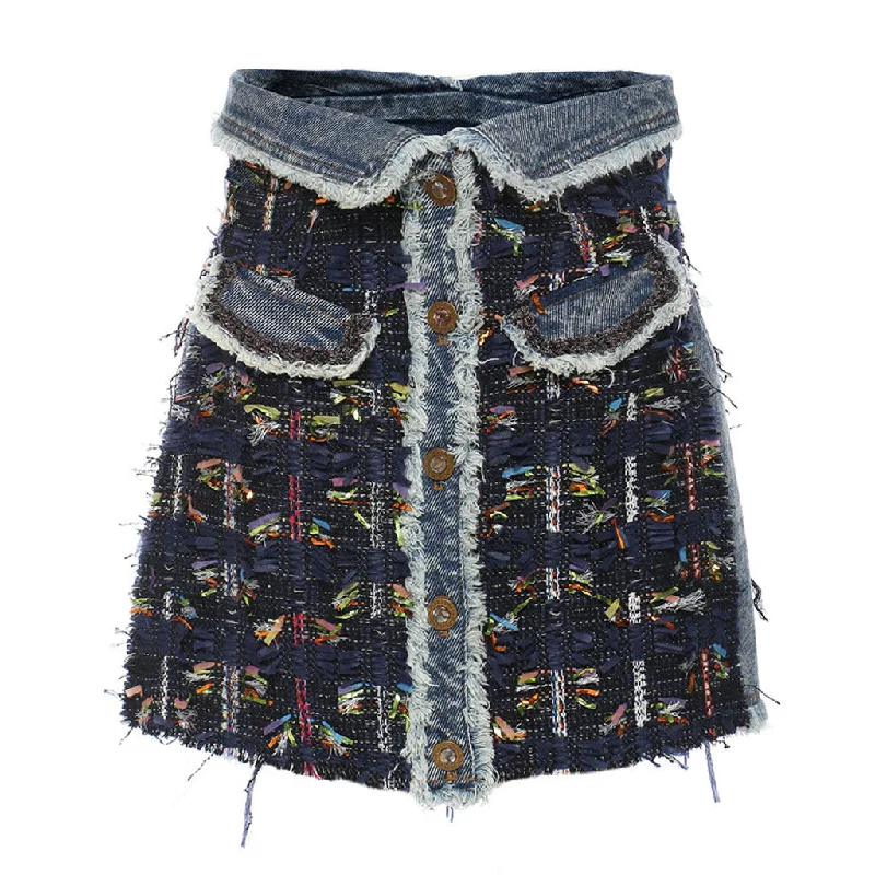 Luxury Button Front Foldover High Rise A-line Tweed Denim Mini Skirt lace skirt intricate