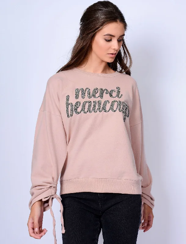 Azalea Oversized Sweatshirt with Boucle Motif in Peach Whip - Amara Reya Hoodie with Drop Shoulder Relaxed Streetwear