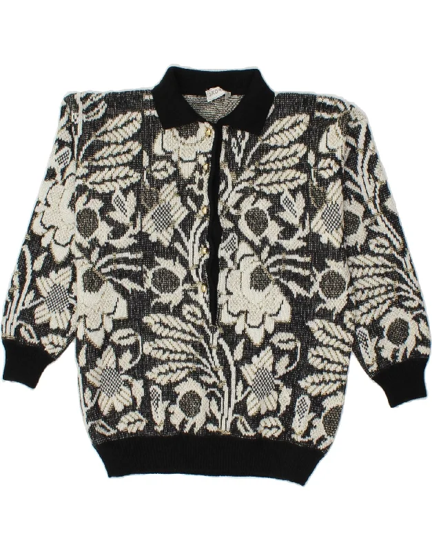 VINTAGE Womens Oversized Polo Neck Jumper Sweater UK 10 Small Black Floral Knit Fabric Woven Fabric Fleece Fabric VINTAGE Womens Oversized Polo Neck Jumper Sweater UK 10 Small Black Floral Knit Fabric Woven Fabric Fleece Fabric