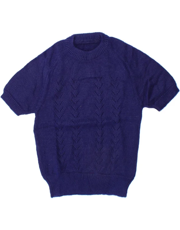 VINTAGE Womens Short Sleeve Crew Neck Jumper Sweater UK 10 Small Navy Blue Solid Print Embellished VINTAGE Womens Short Sleeve Crew Neck Jumper Sweater UK 10 Small Navy Blue Solid Print Embellished