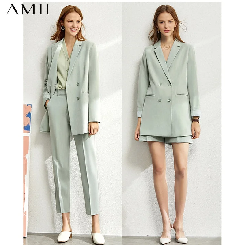 Amii Minimalism 4 piece set Solid blazer,tanks,high waist pants layering tank top