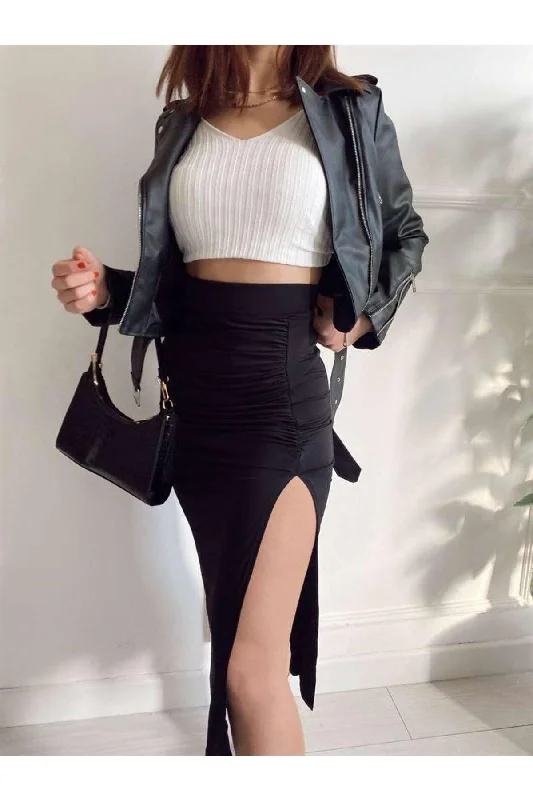 Women's Black Side Pleated Slit Candy Skirt zip skirt side