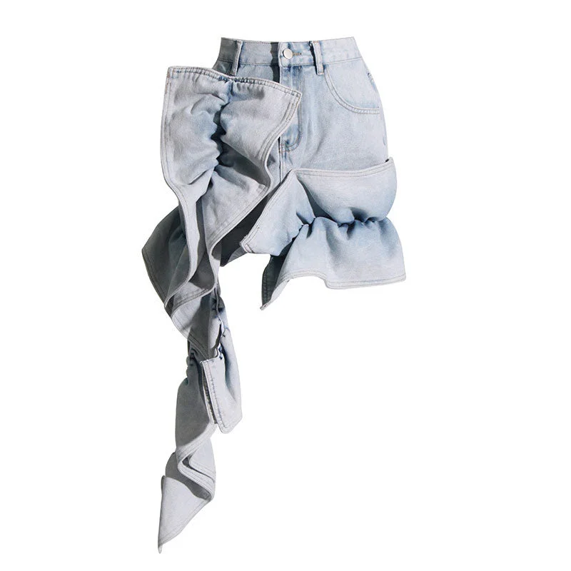 Eclectic High Waist Asymmetric Ruffle Detail Acid Wash Denim Mini Skirt tulle skirt dreamy