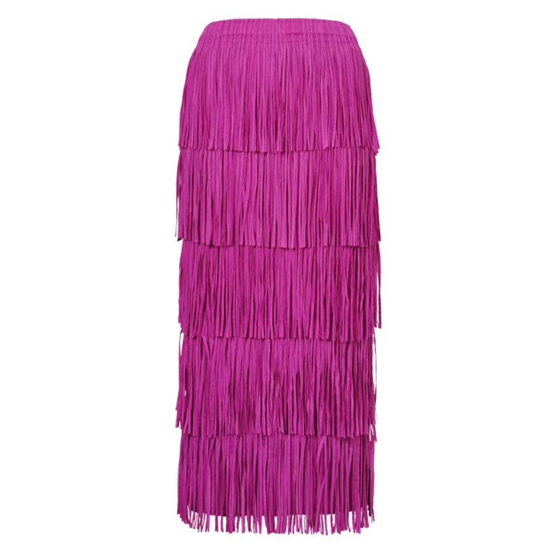 Retro Gatsby Solid Color High Waist Layered Tassel Pleated Midi Skirt cashmere skirt fine