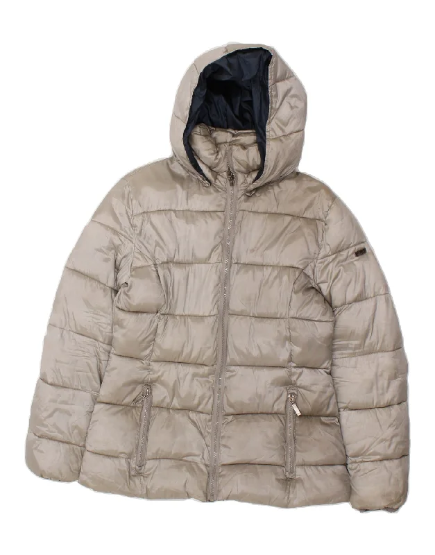 ELLESSE Womens Hooded Padded Jacket UK 14 Medium Grey Polyester Cotton Fabric Linen Fabric Terry Fabric ELLESSE Womens Hooded Padded Jacket UK 14 Medium Grey Polyester Cotton Fabric Linen Fabric Terry Fabric