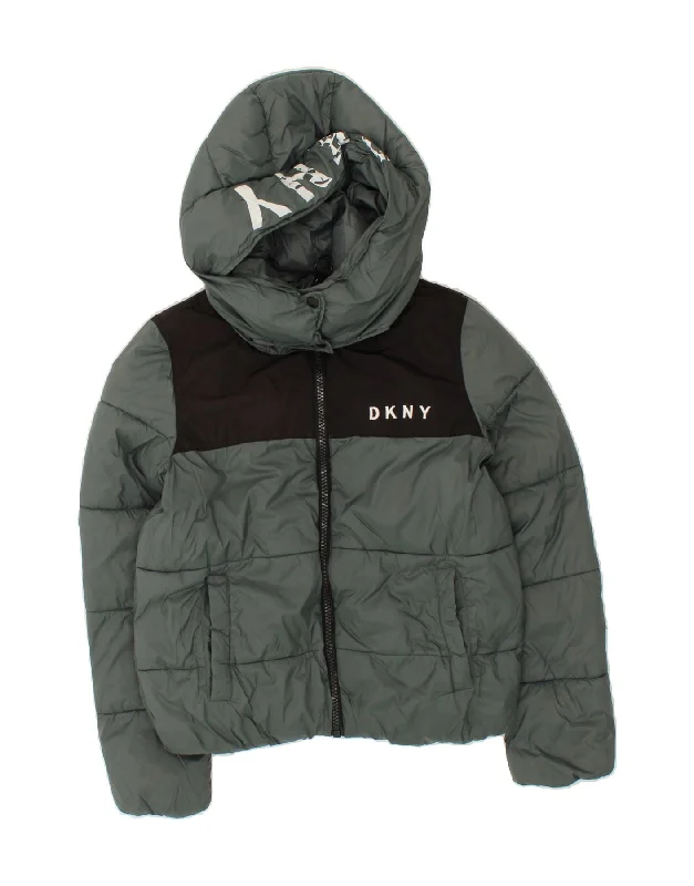 DKNY Womens Hooded Hooded Padded Jacket UK 10 Small Grey Colourblock Nylon Zippered Jacket Buttoned Jacket Snapped Jacket