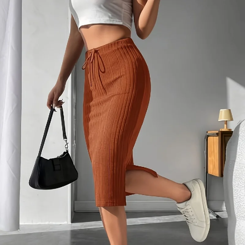 Caramel Color High Waist Knit Drawstring Pencil Midi Skirt denim skirt classic