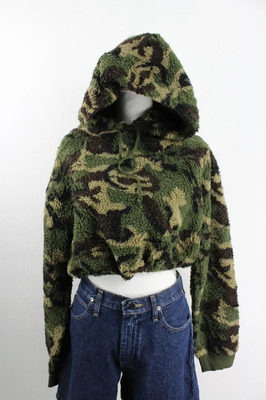 Vintage Cropped Camo Hoodie (S) Hoodie with Exposed Zipper Edgy Industrial