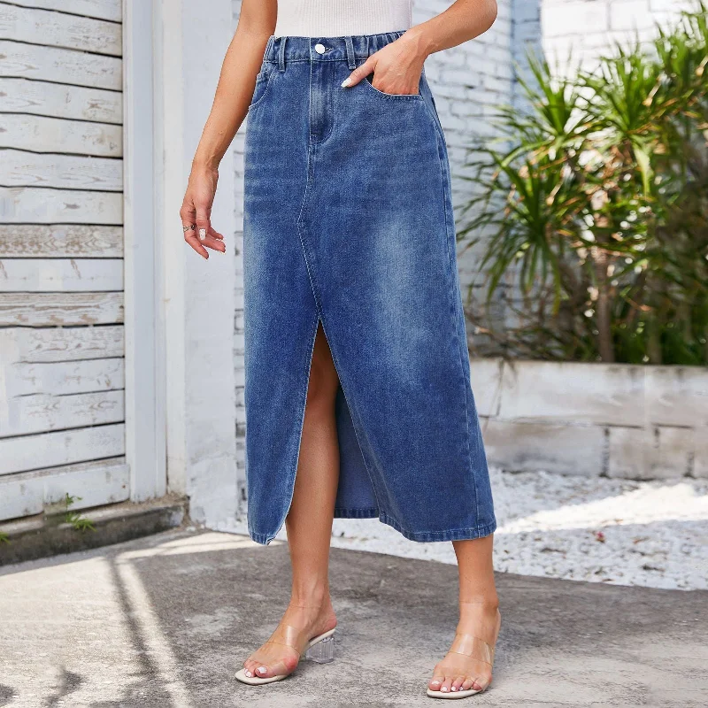Washed Elastic High Waist Denim A-line Split Midi Skirt (Dark/Light Blue) leather skirt modern