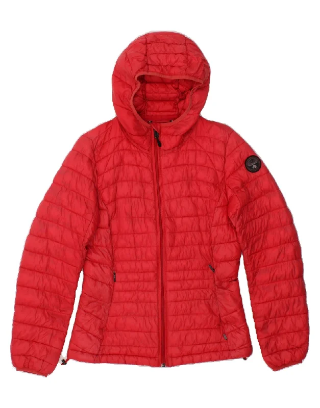 NAPAPIJRI Womens Hooded Padded Jacket UK 14 Medium Red Polyamide Hoodie Zip-Up Jacket Button-Up Jacket