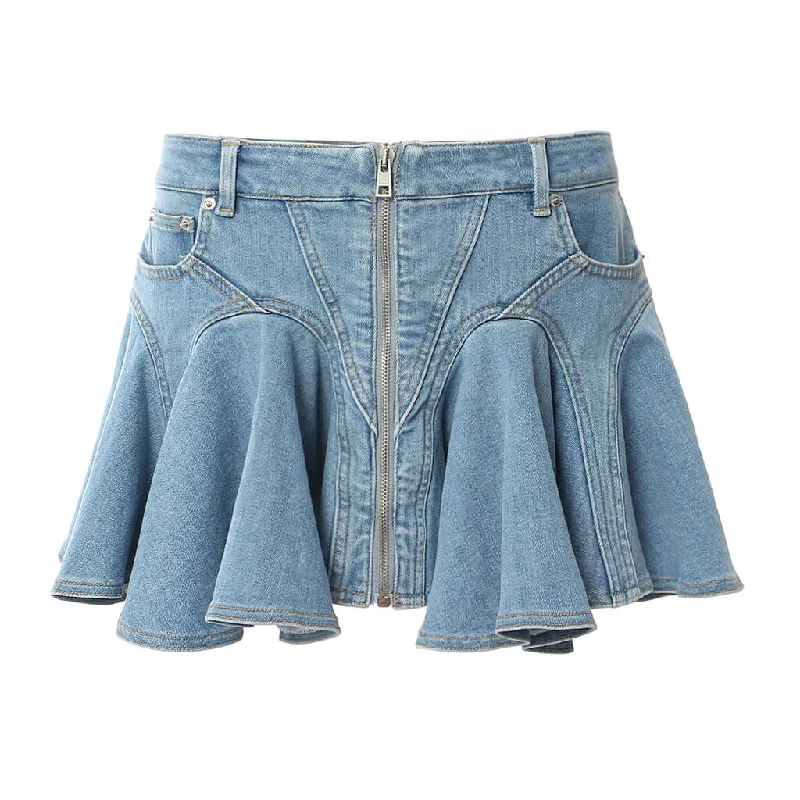 Floating Low Rise Exposed Zip Front Flared Ruffle Denim Micro Mini Skirt relaxed fit skirt