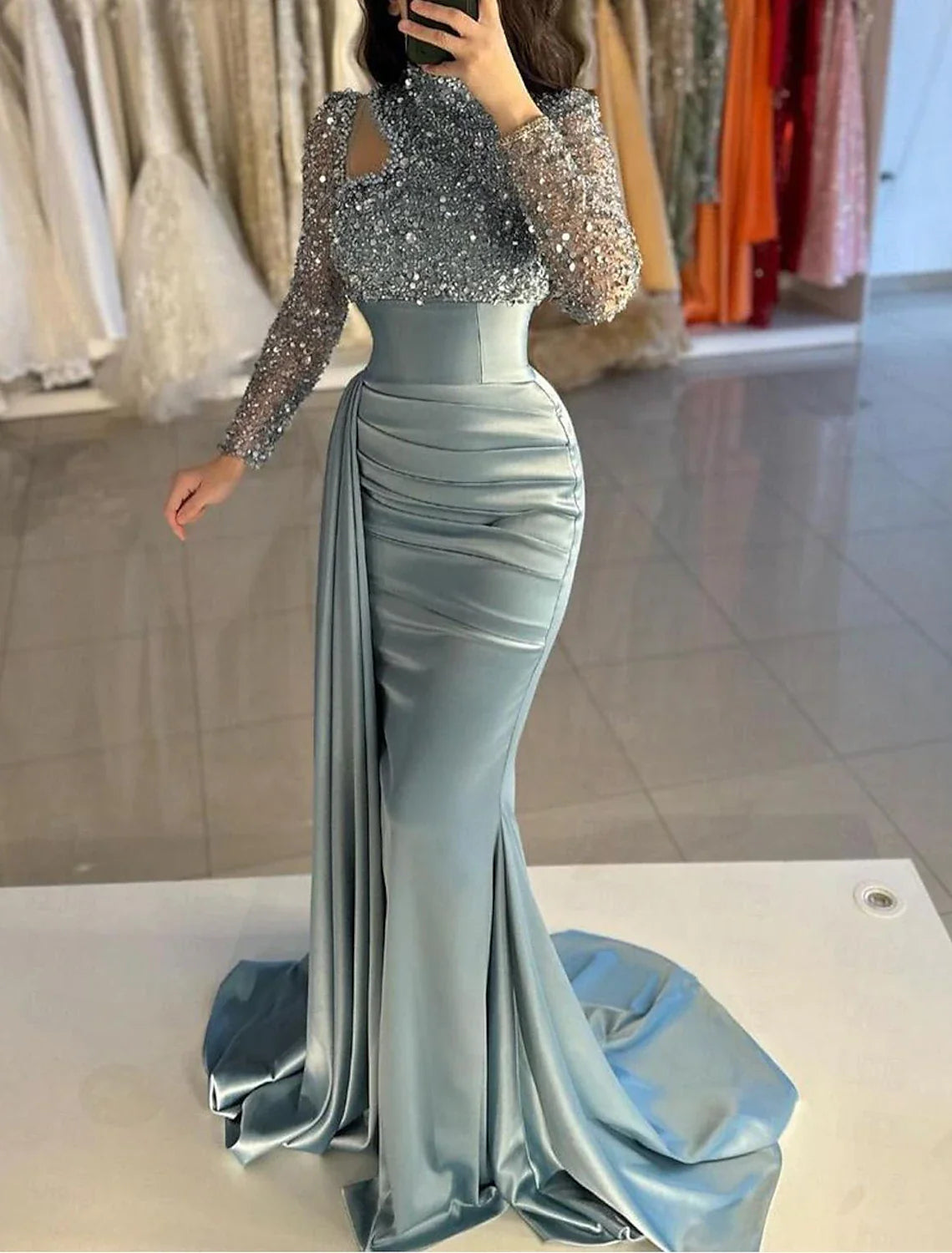 Mermaid / Trumpet Evening Gown Elegant Dress Formal Sweep / Brush Train Long Sleeve High Neck Satin with Pearls Sequin Tunics Business professional