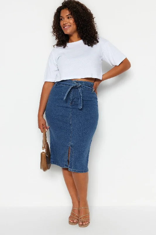 Light Blue Belted High Waist Slit Rigid Skirt TBBSS23AZ00017 asymmetrical skirt cut