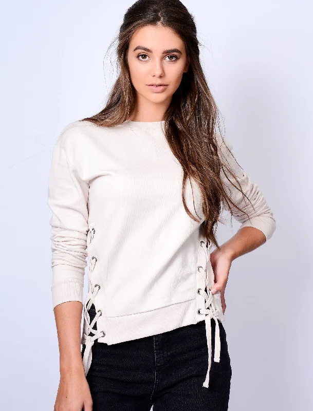 Arrow Cropped Sweatshirt with Lace Up Eyelets in White Asparagus - Amara Reya Hoodie with Monochrome Minimalist Simple