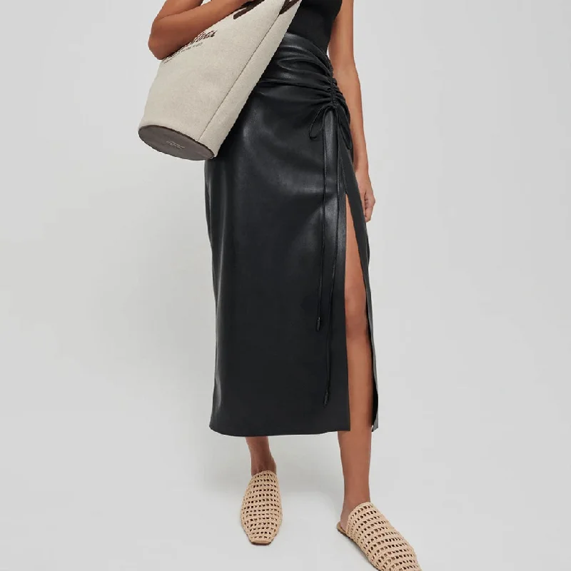 Sleek Drawstring Ruched High Waist Front Slit Vegan Leather Midi Skirt - Black wool skirt warm