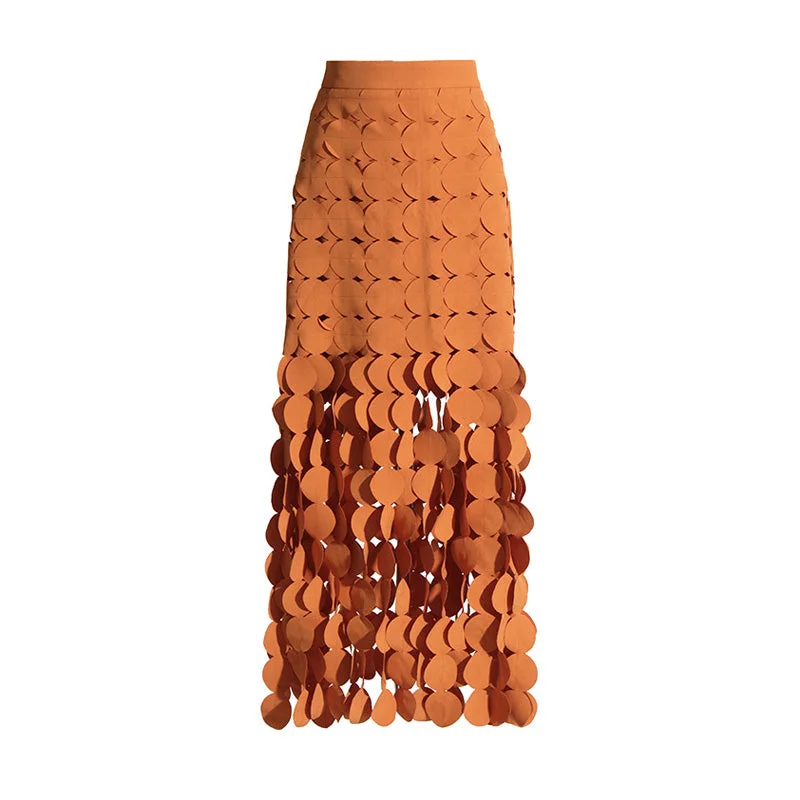 Dynamic High Waist Laser Cut Multi Circle Fringe Layered Maxi Skirt patchwork skirt art